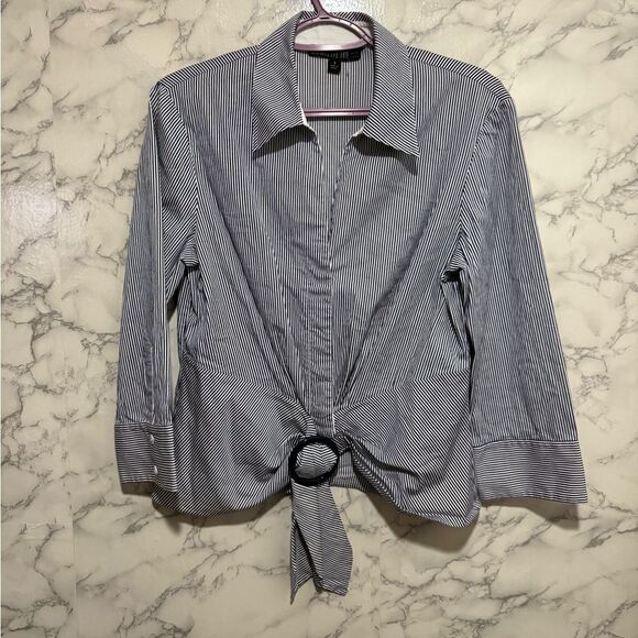 Lafayette 148 New York Tops - Lafayette 148 New York Navy and White Narrow-Stripe Button Shirt